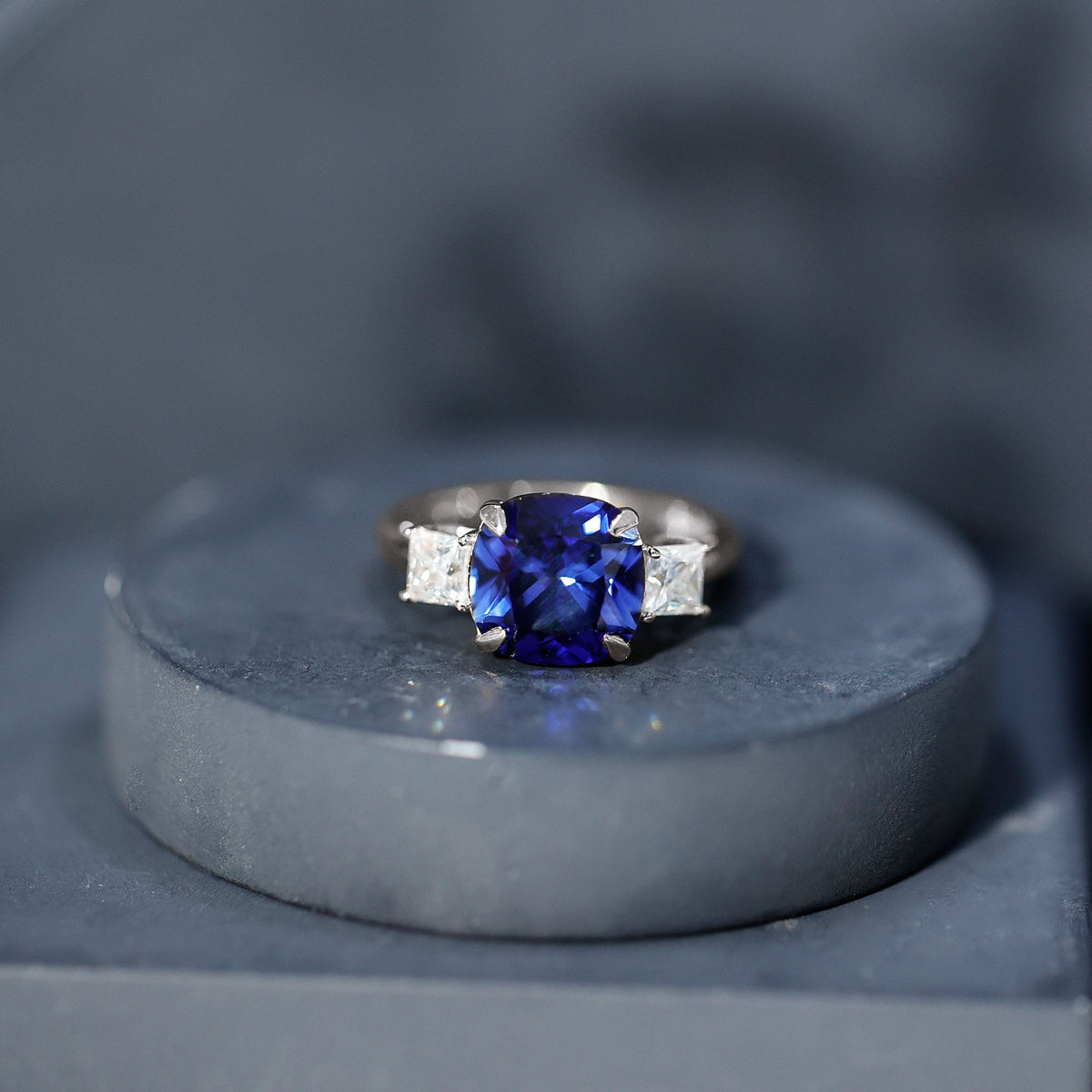 Lab Grown Blue Sapphire Ring, Three Stone Moissanite Ring Design