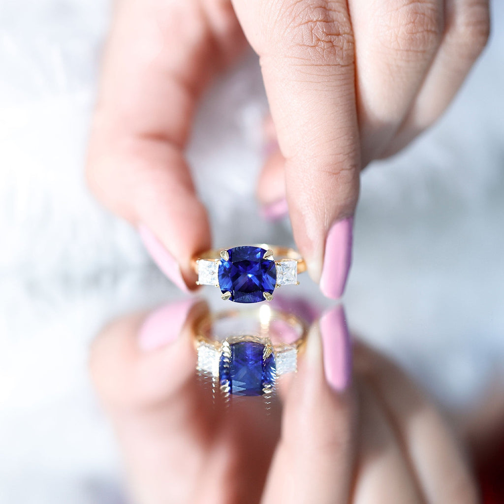Lab Grown Blue Sapphire Ring, Three Stone Moissanite Ring Design
