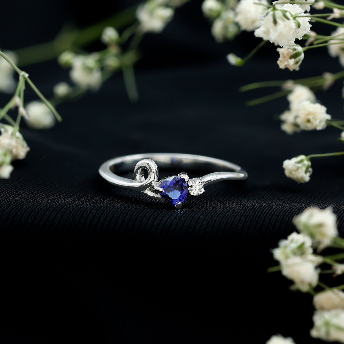 Lab Grown Blue Sapphire Ring, Twisted Heart Promise Ring
