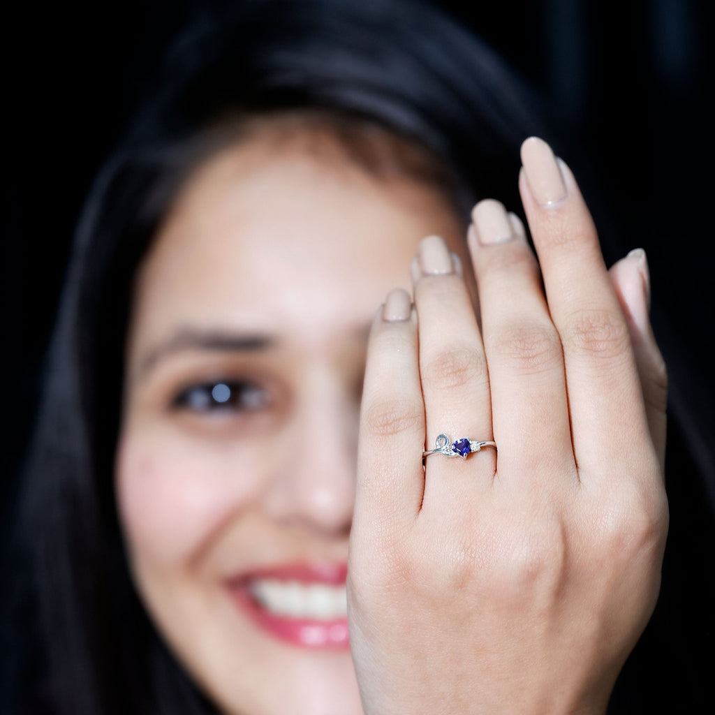 Lab Grown Blue Sapphire Ring, Twisted Heart Promise Ring