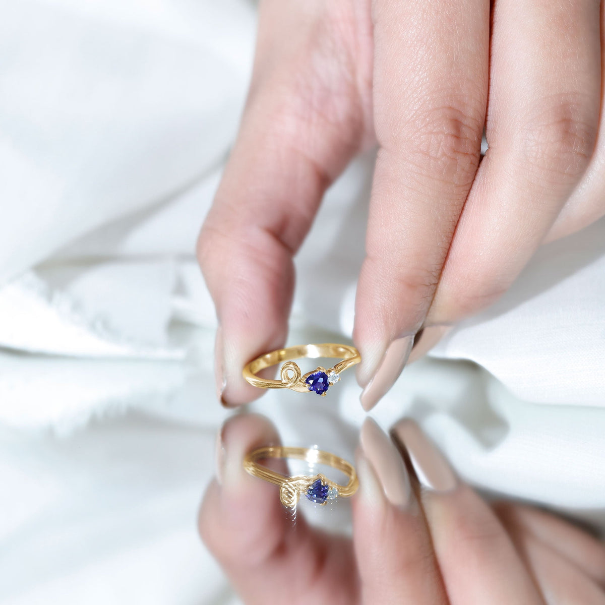 Lab Grown Blue Sapphire Ring, Twisted Heart Promise Ring