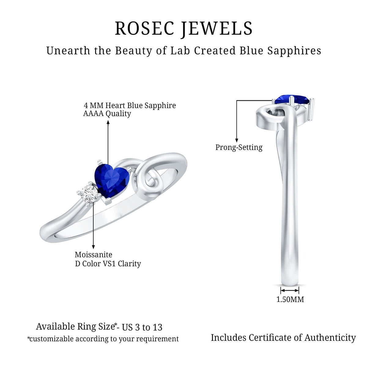 Lab Grown Blue Sapphire Ring, Twisted Heart Promise Ring