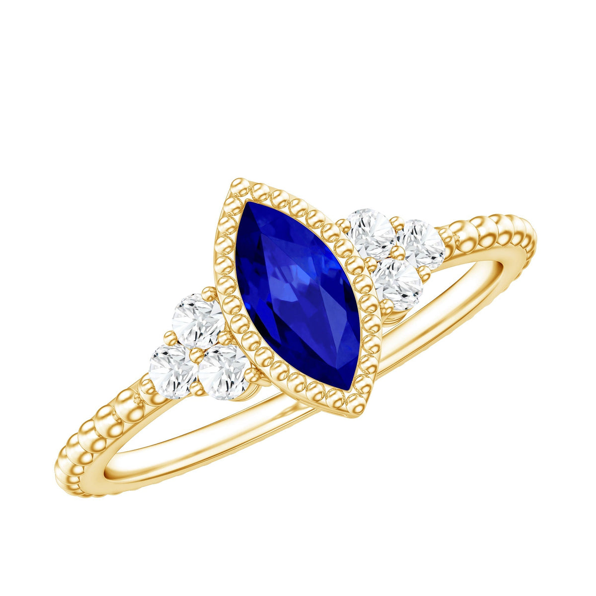 Lab Grown Blue Sapphire Ring Vintage Marquise Diamond Trio