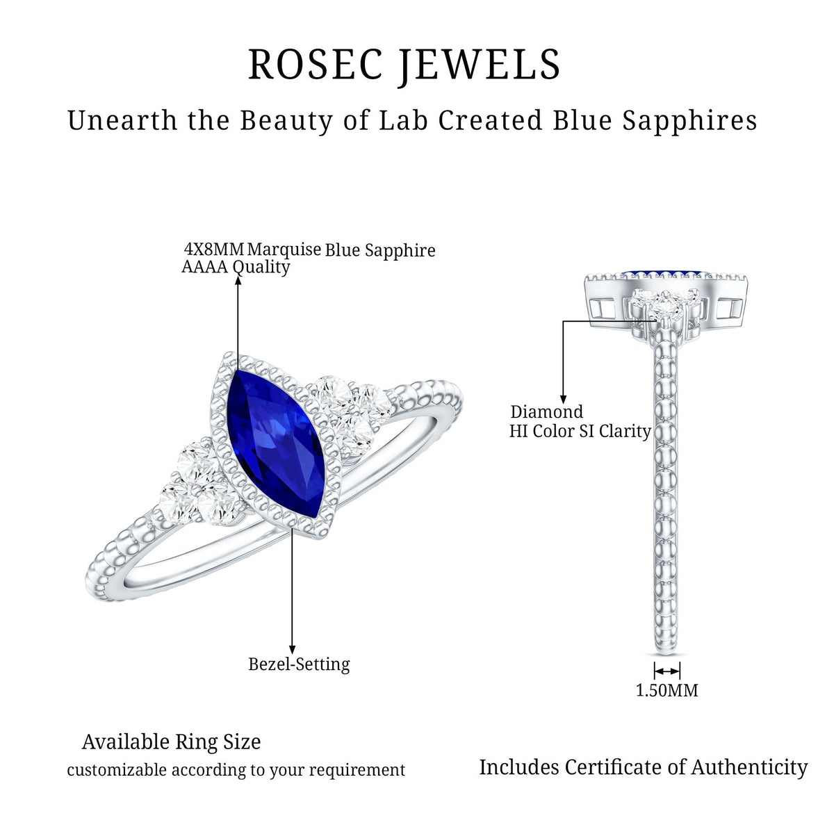 Lab Grown Blue Sapphire Ring Vintage Marquise Diamond Trio