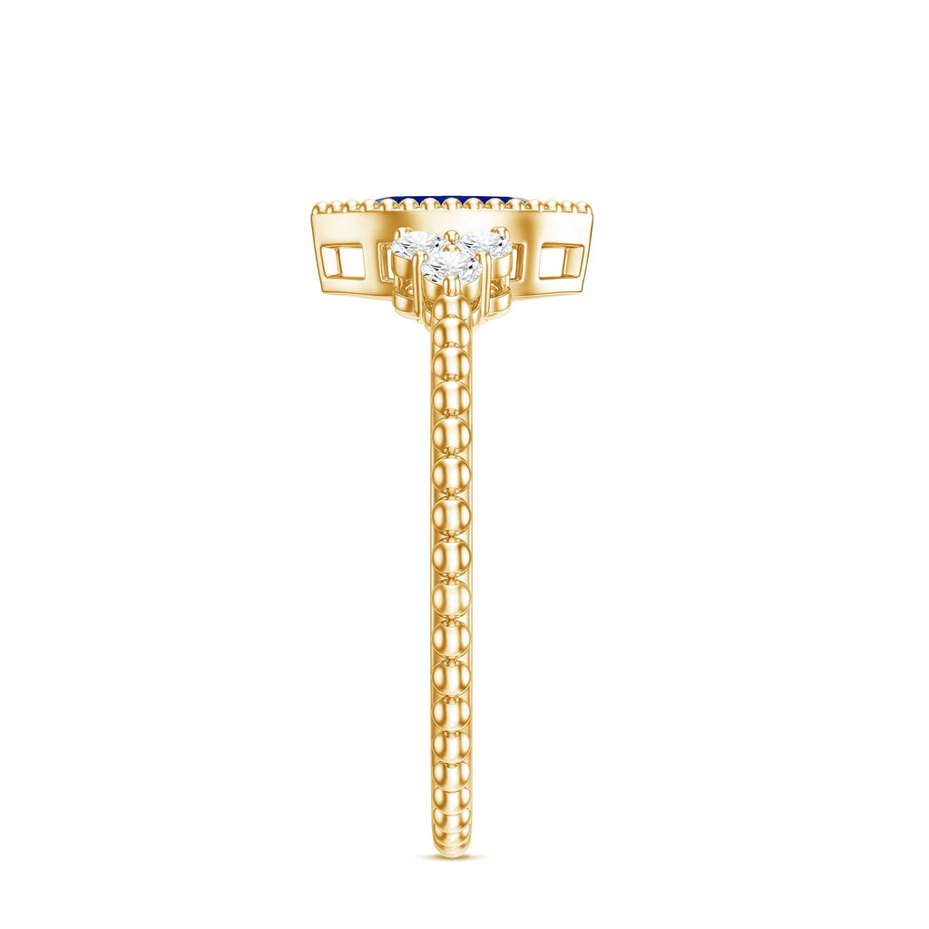 Lab Grown Blue Sapphire Ring Vintage Marquise Diamond Trio