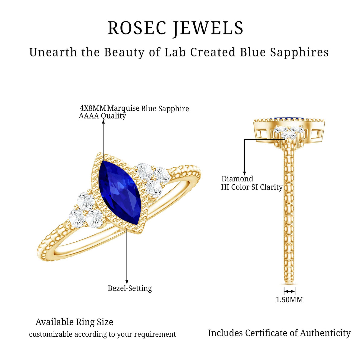 Lab Grown Blue Sapphire Ring Vintage Marquise Diamond Trio