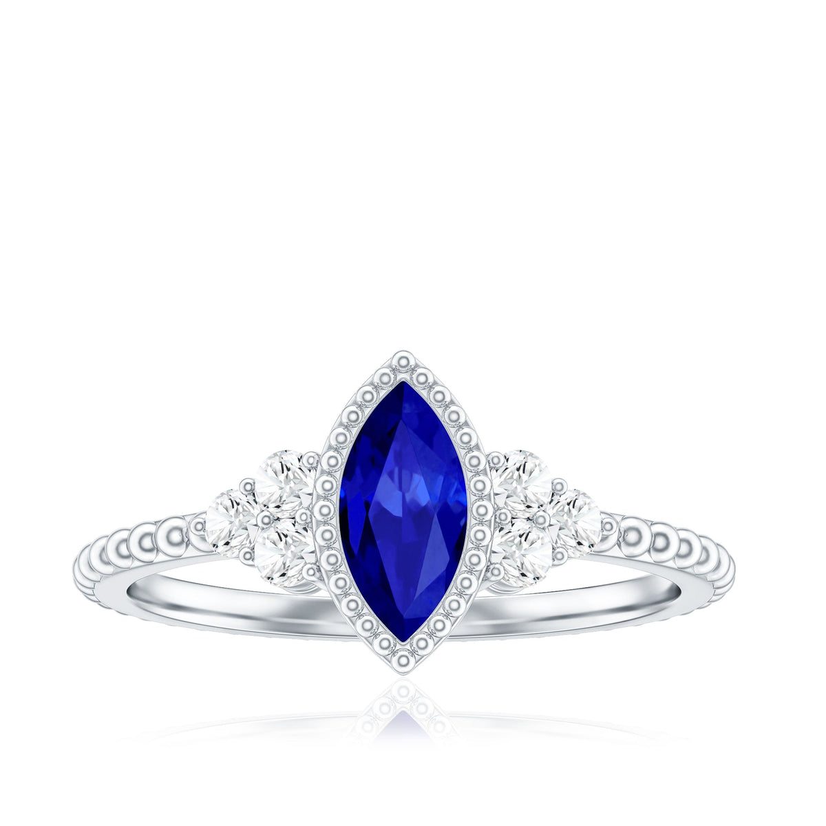 Lab Grown Blue Sapphire Ring Vintage Marquise Diamond Trio