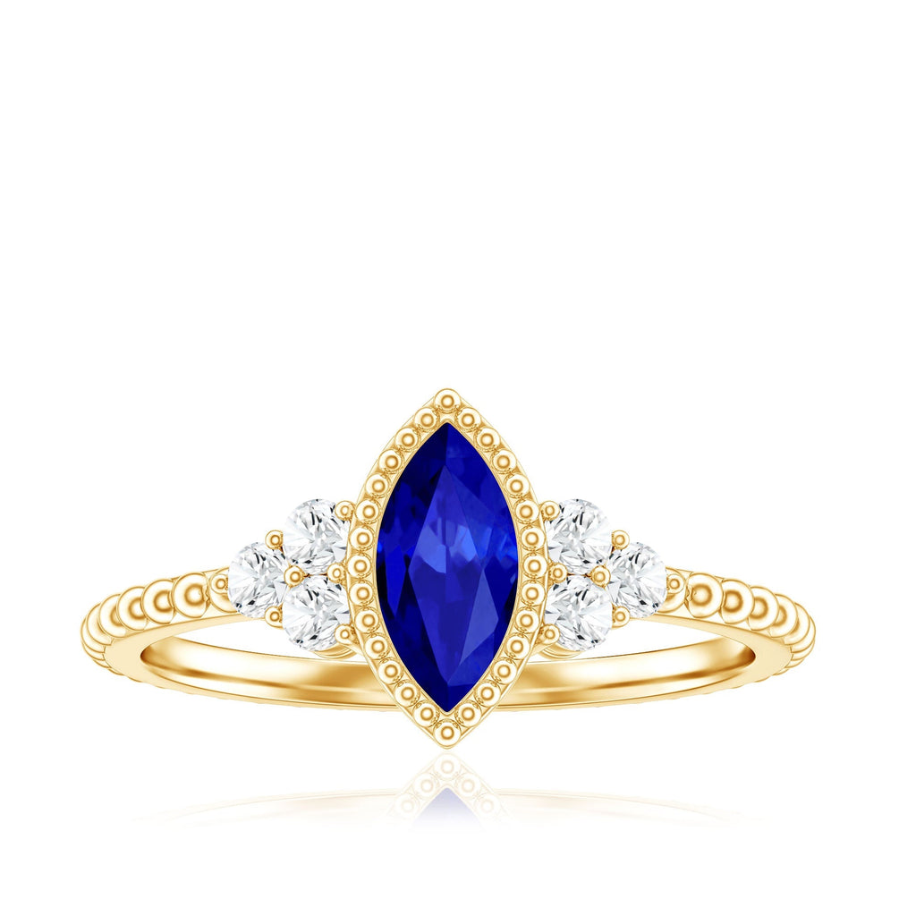 Lab Grown Blue Sapphire Ring Vintage Marquise Diamond Trio