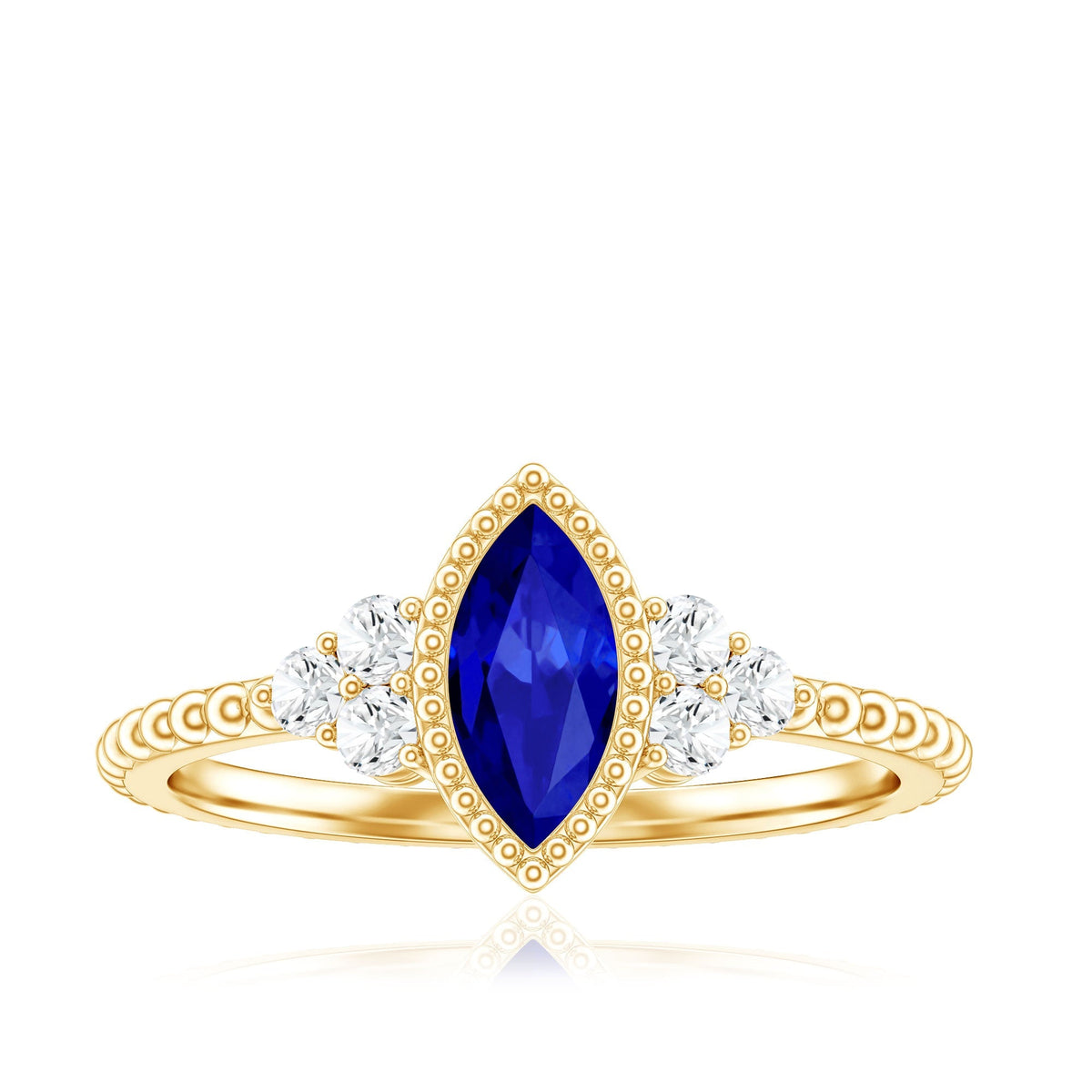 Lab Grown Blue Sapphire Ring Vintage Marquise Diamond Trio