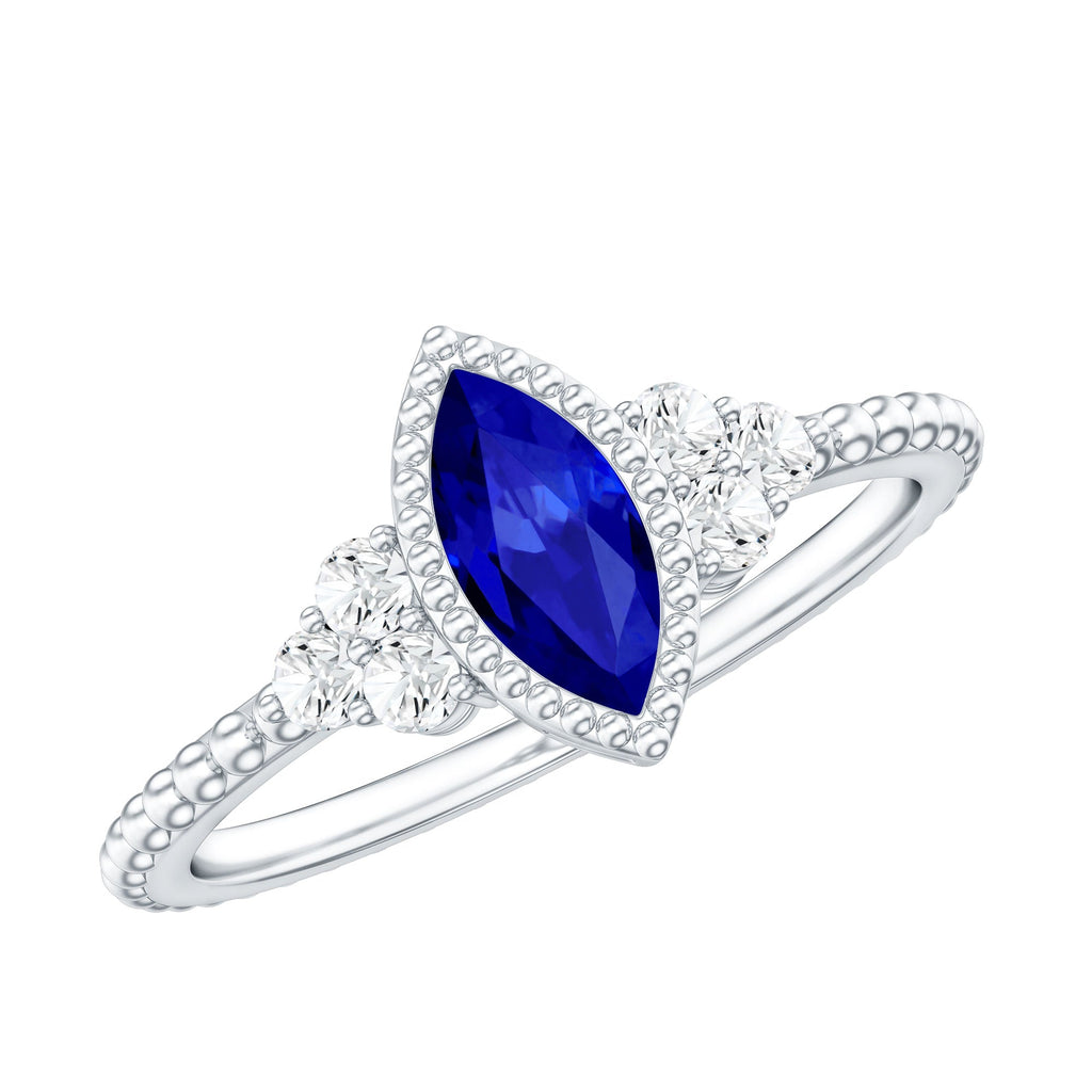 Lab Grown Blue Sapphire Ring Vintage Marquise Diamond Trio