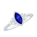 Lab Grown Blue Sapphire Ring Vintage Marquise Diamond Trio