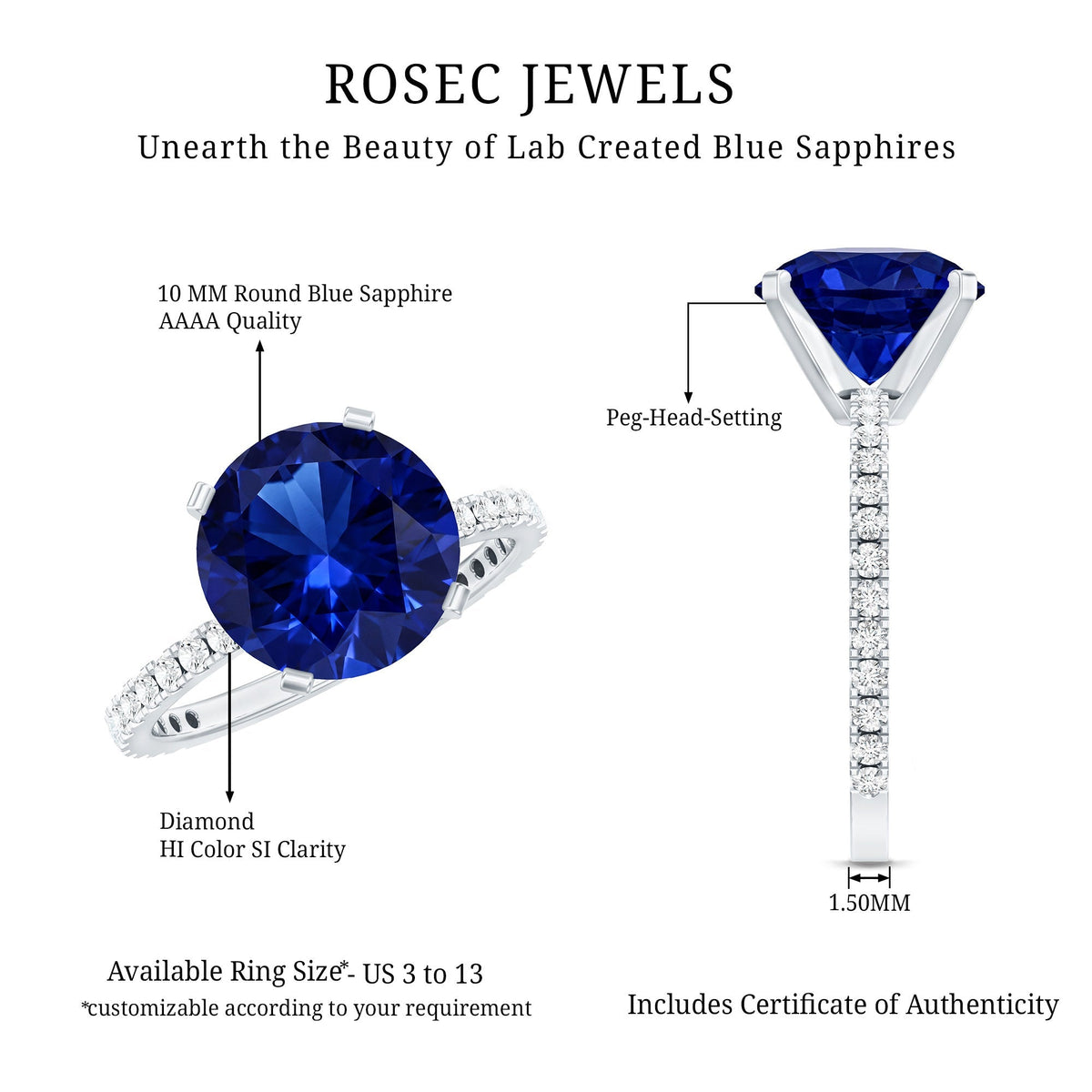 Lab Grown Blue Sapphire Ring With Diamond Accents, 4.5 Carat