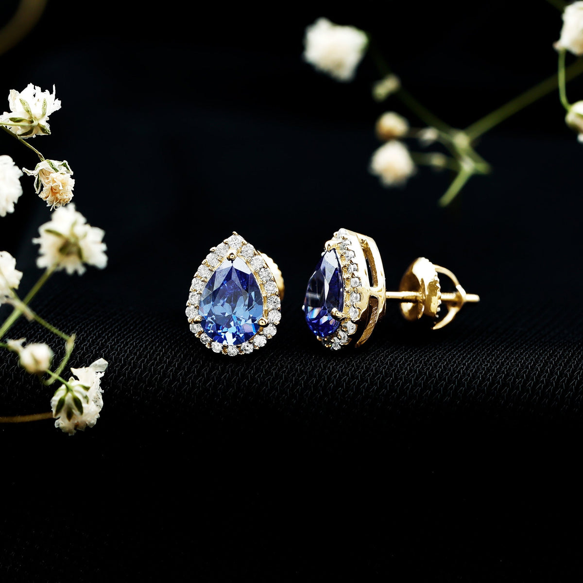 Lab Grown Blue Sapphire Teardrop Stud Earrings With Diamond Halo