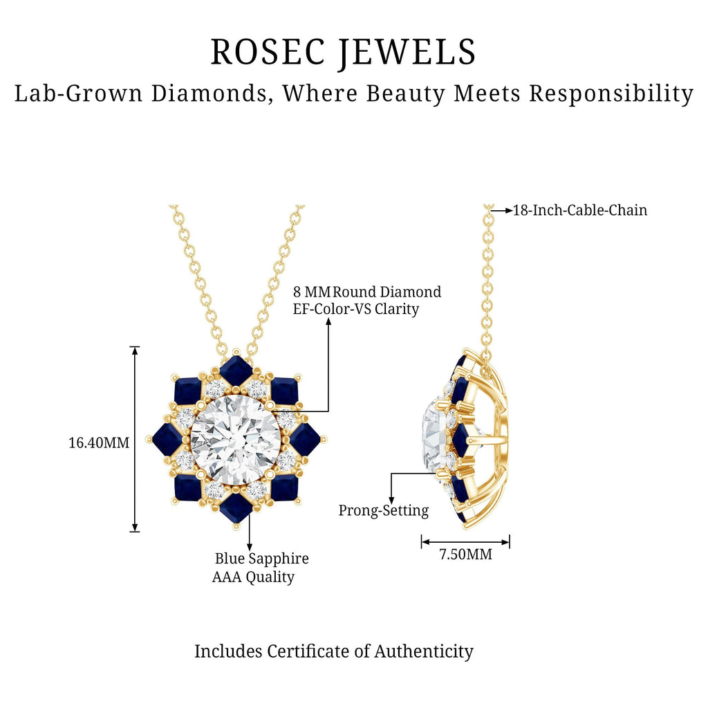 Lab Grown Diamond Art Deco Necklace With Blue Sapphire