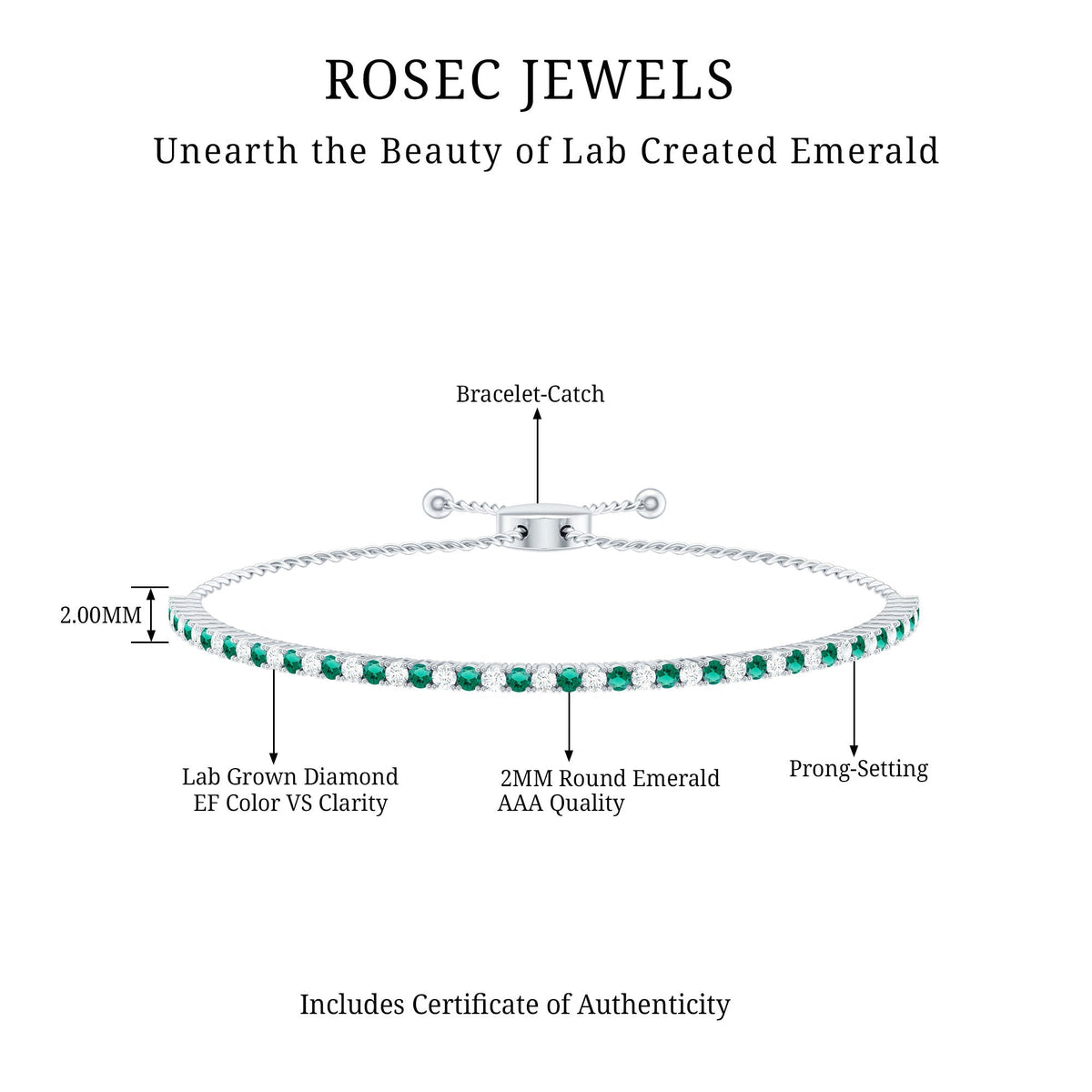 Lab Grown Diamond Bracelet – Emerald Bolo With Adjustable Sliding Clasp