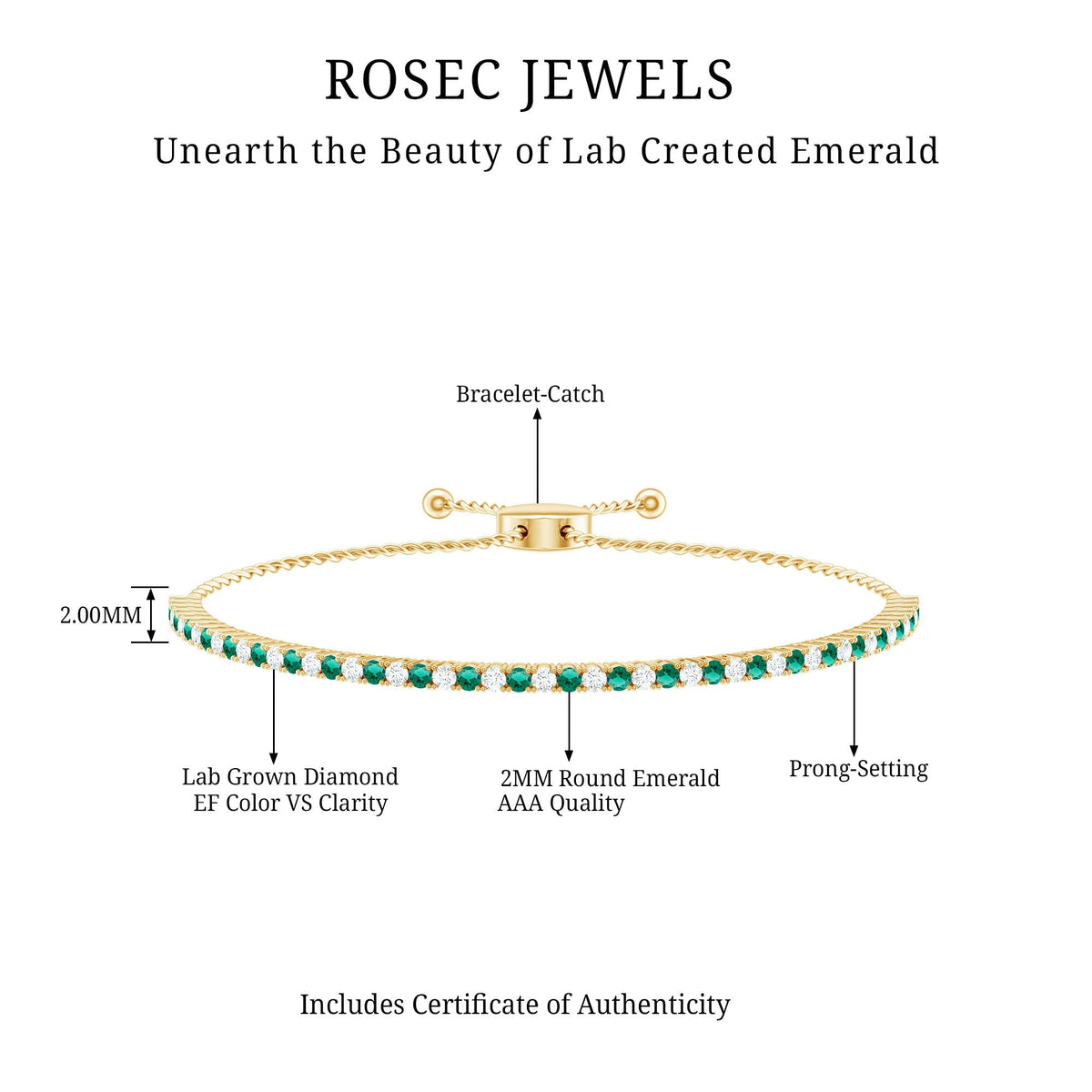 Lab Grown Diamond Bracelet – Emerald Bolo With Adjustable Sliding Clasp