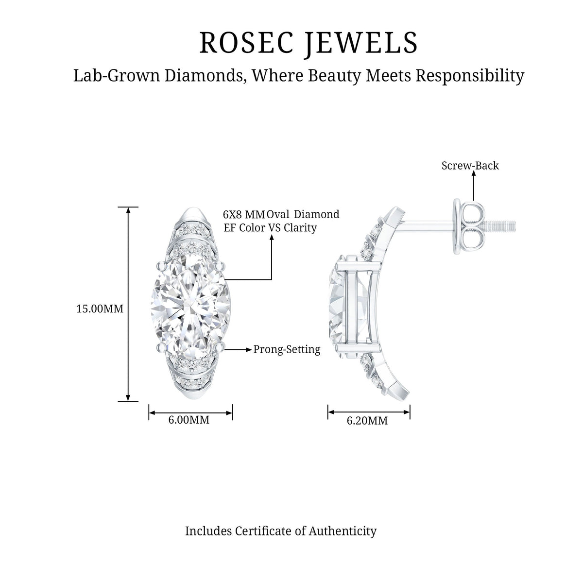 Lab Grown Diamond Earrings – 2.5 Carat Oval Diamond Studs With Prong Setting & Screw Back