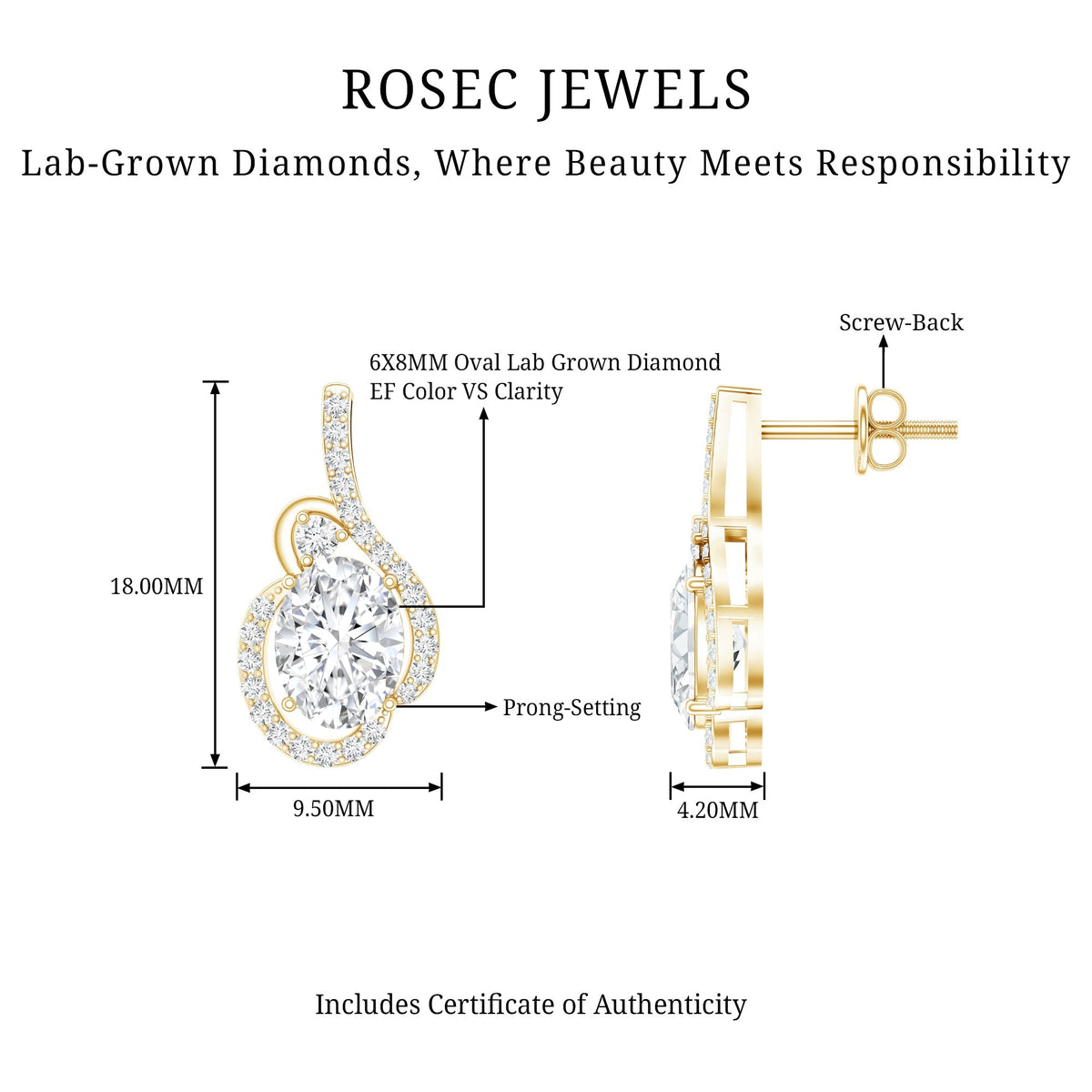 Lab Grown Diamond Earrings – 2.5 Carat Oval Studs With Prong Setting By Rosec Jewels