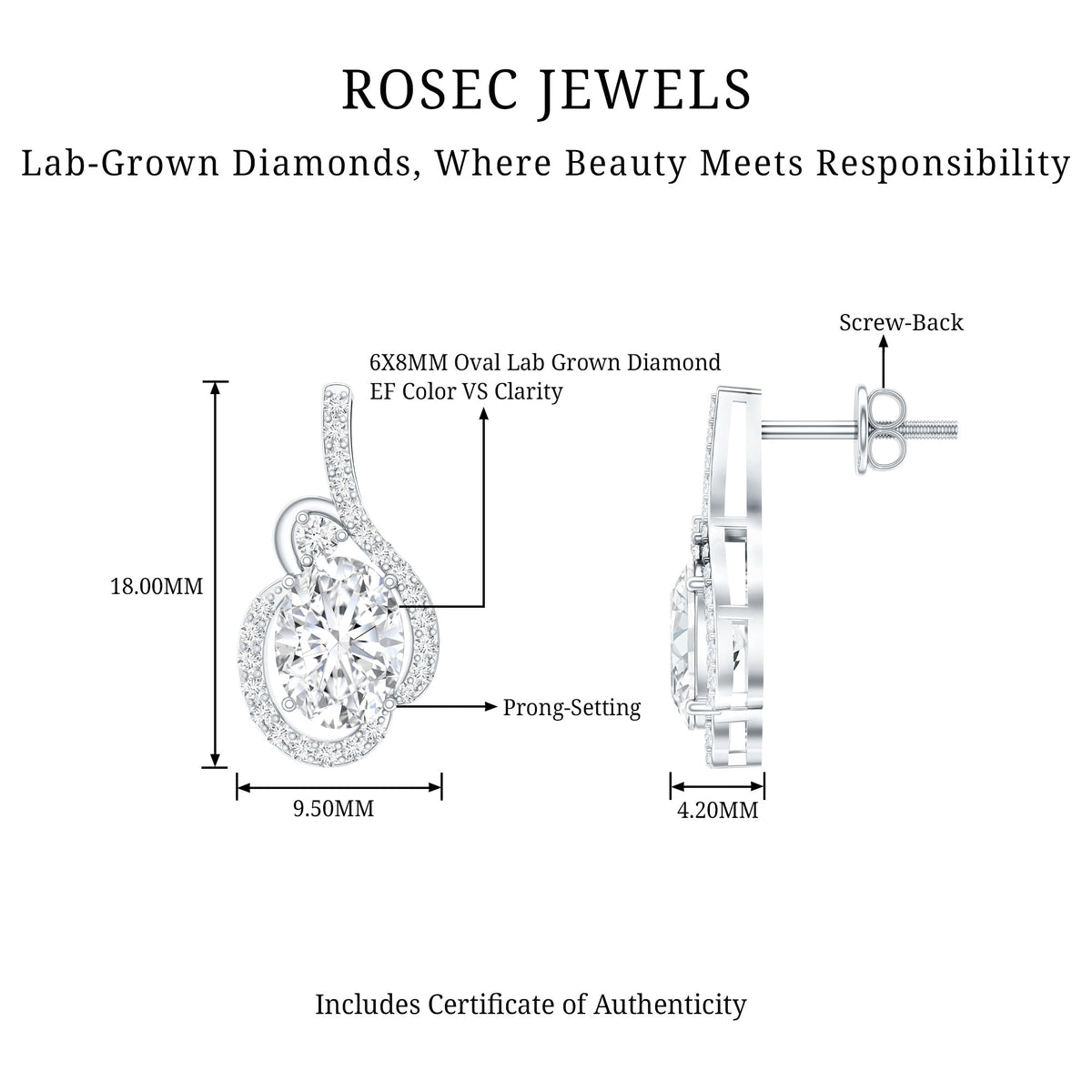 Lab Grown Diamond Earrings – 2.5 Carat Oval Studs With Prong Setting By Rosec Jewels