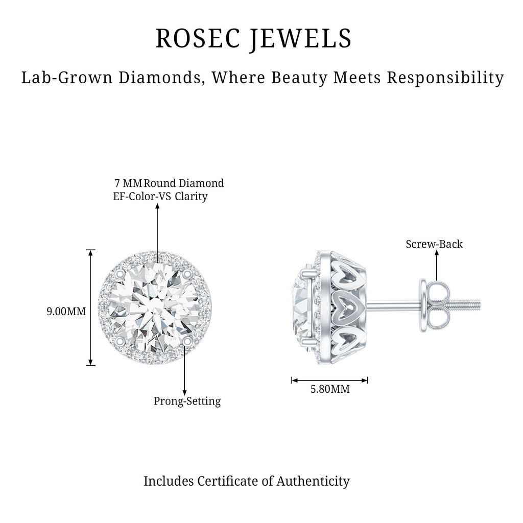 Lab Grown Diamond Earrings – 7mm Round Halo Studs With Screw Back Closure