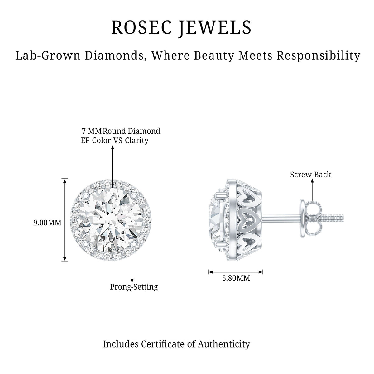 Lab Grown Diamond Earrings – 7mm Round Halo Studs With Screw Back Closure