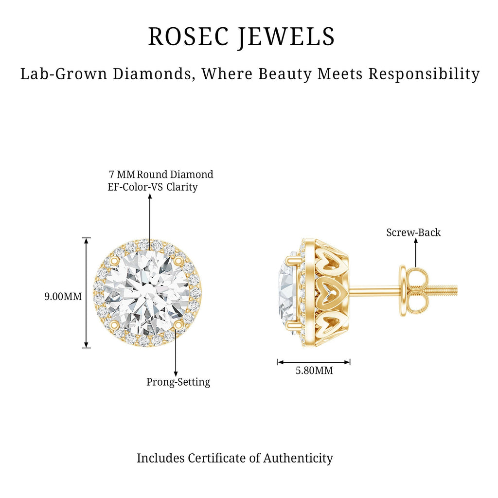 Lab Grown Diamond Earrings – 7mm Round Halo Studs With Screw Back Closure