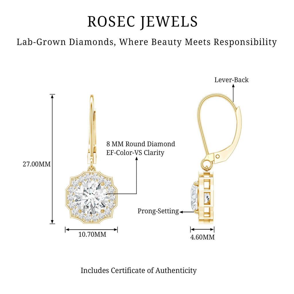 Lab Grown Diamond Earrings – Art Deco Flower Halo With 8mm Round Cut Diamonds