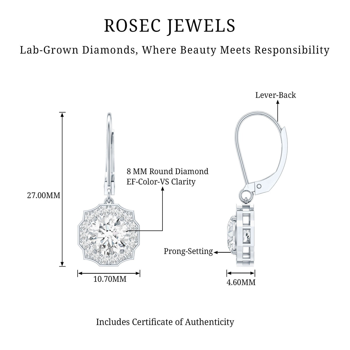 Lab Grown Diamond Earrings – Art Deco Flower Halo With 8mm Round Cut Diamonds