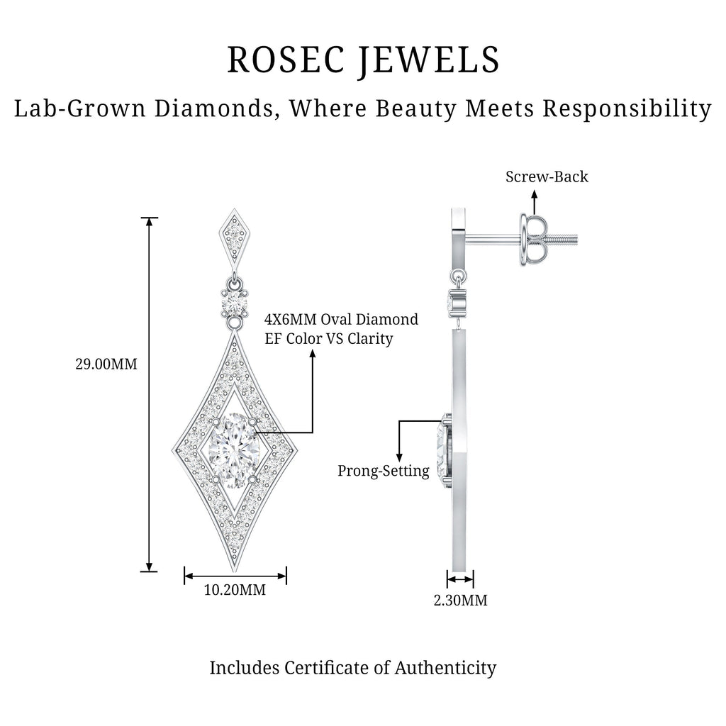 Lab Grown Diamond Earrings – Art Deco Oval Rhombus Dangle Jewelry by Rosec Jewels