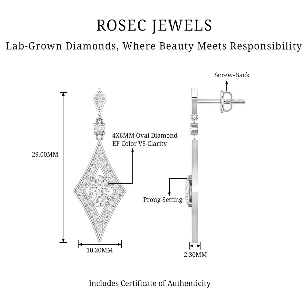 Lab Grown Diamond Earrings – Art Deco Oval Rhombus Dangle Jewelry by Rosec Jewels
