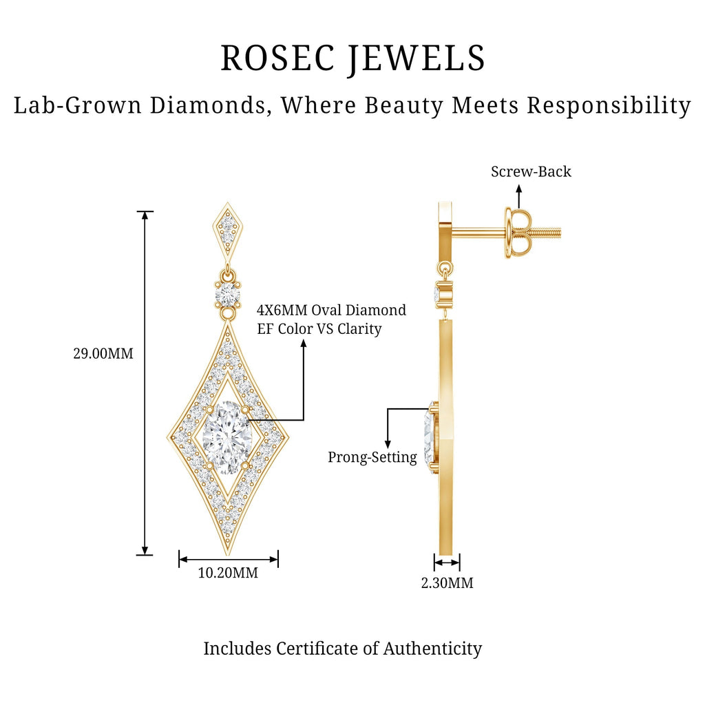 Lab Grown Diamond Earrings – Art Deco Oval Rhombus Dangle Jewelry by Rosec Jewels