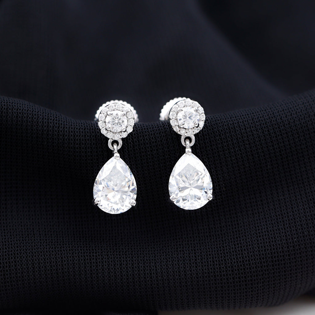 Lab Grown Diamond Earrings – Bridal Drop Earrings With Pear Cut & Halo Design