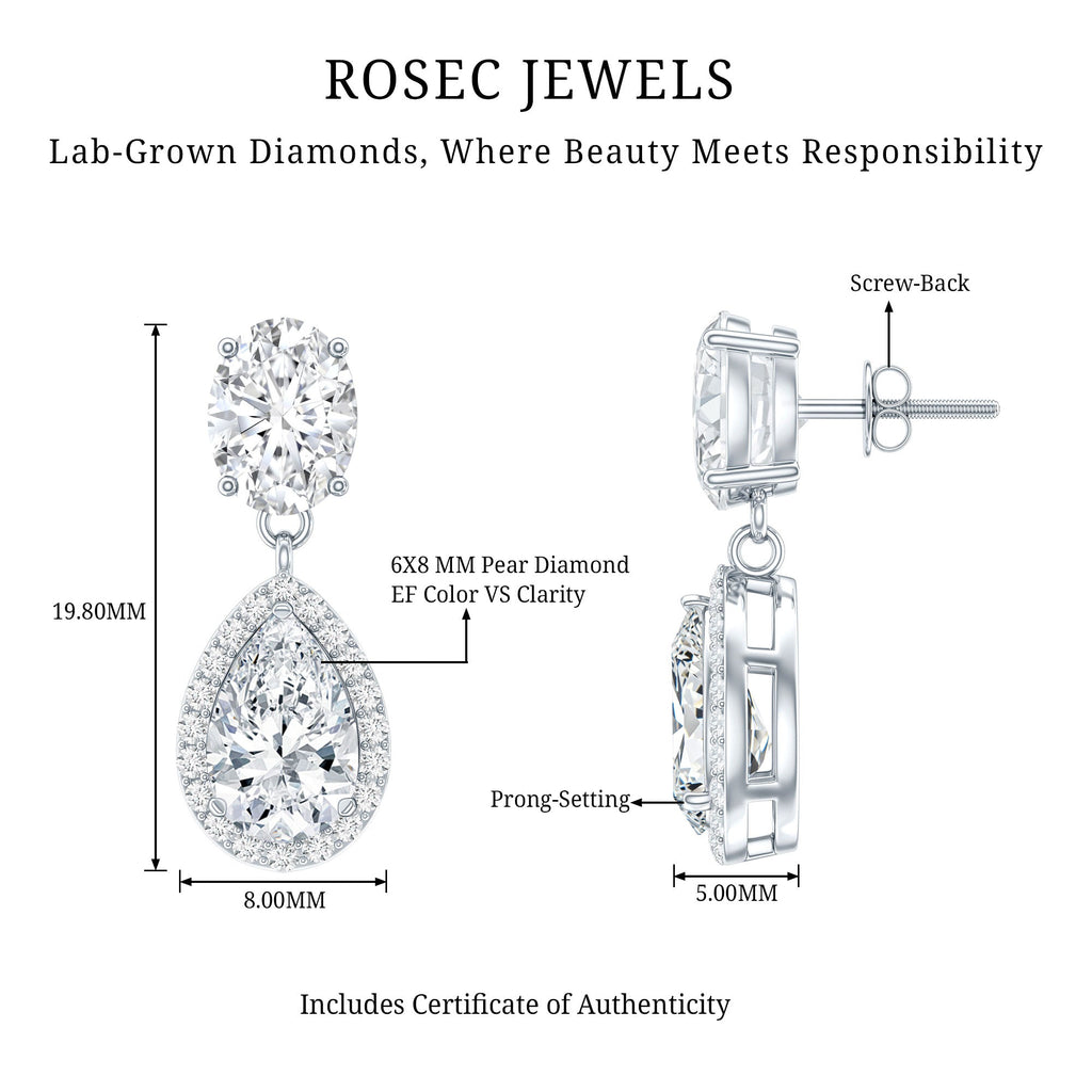 Lab Grown Diamond Earrings – Bridal Pear Cut Drops with Halo Design in Rose Gold