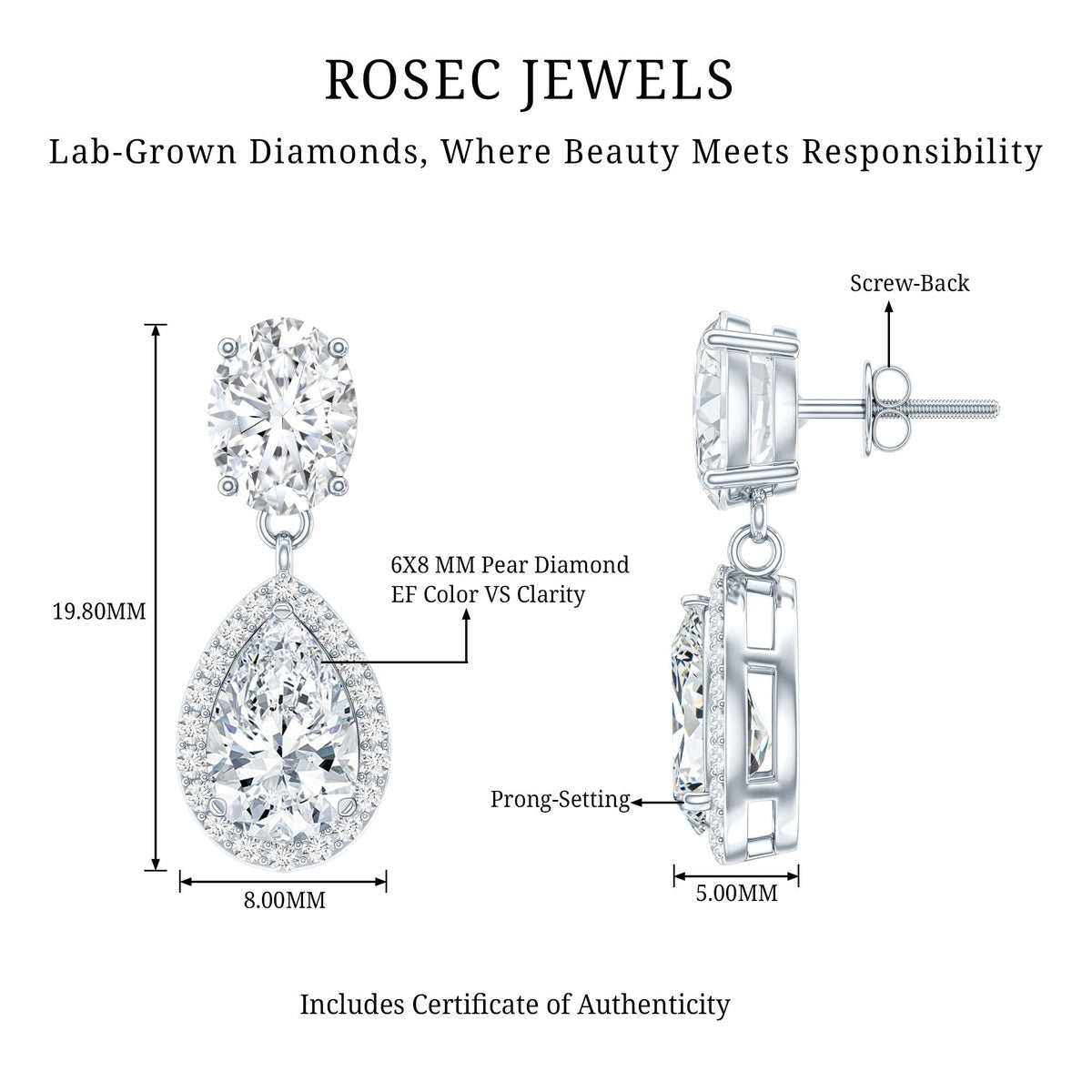 Lab Grown Diamond Earrings – Bridal Pear Cut Drops with Halo Design in Rose Gold