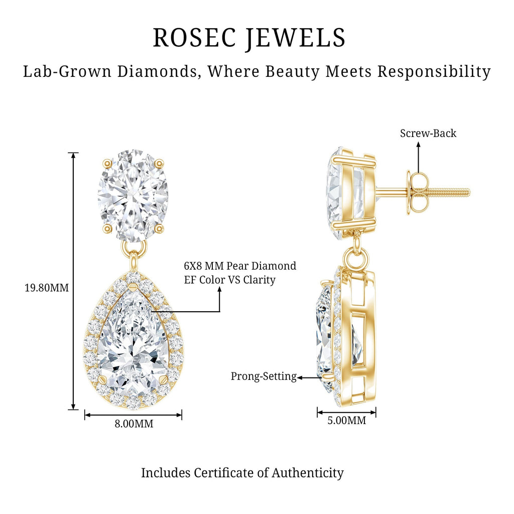 Lab Grown Diamond Earrings – Bridal Pear Cut Drops with Halo Design in Rose Gold