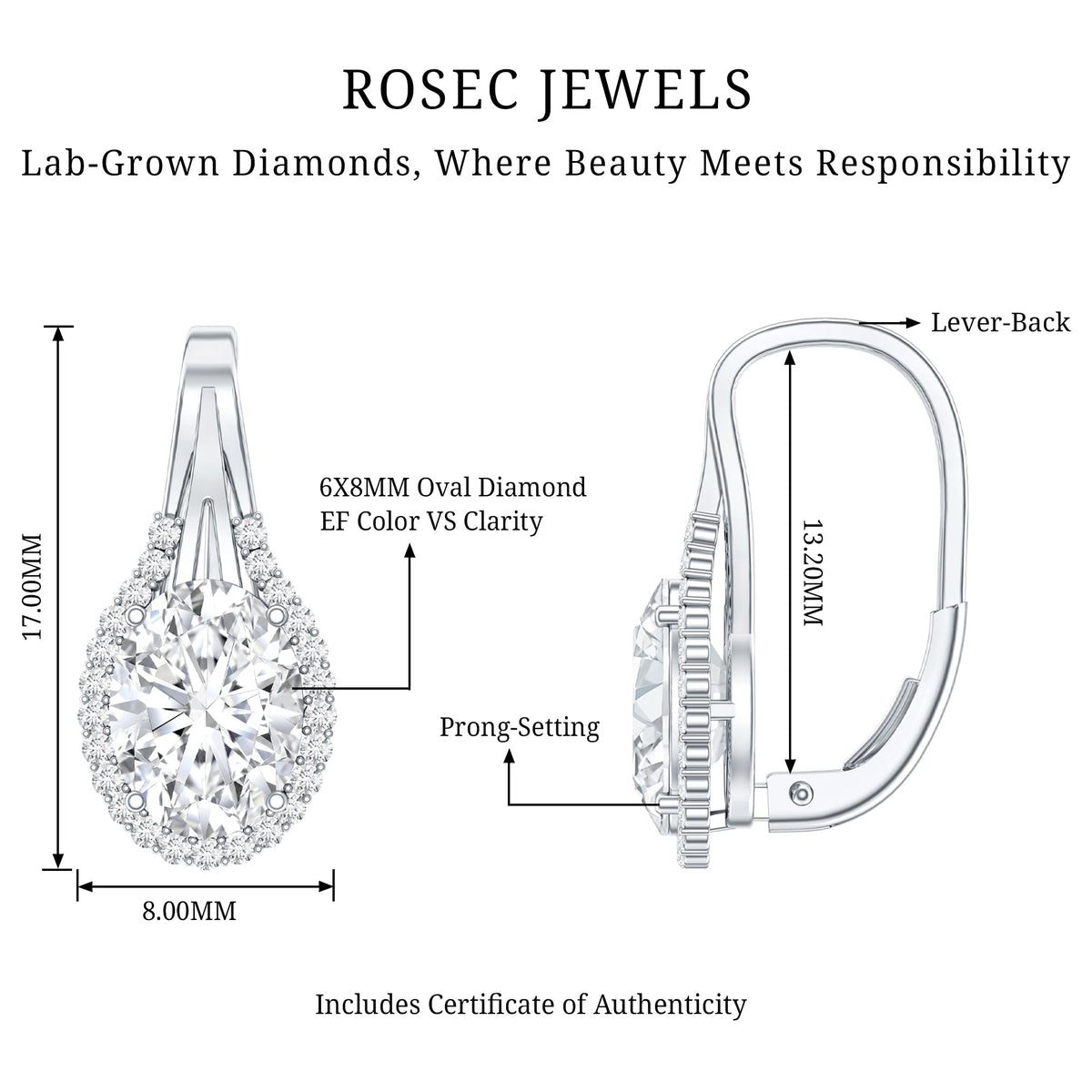 Lab Grown Diamond Earrings – Certified 2.5 Carat Oval Halo Studs With Lever Back Closure