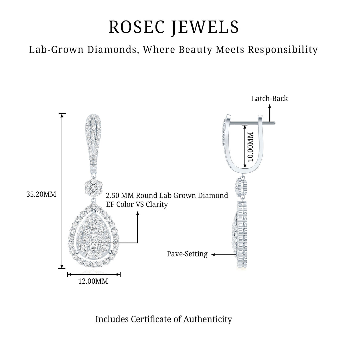 Lab Grown Diamond Earrings - Elegant Bridal Drop Earrings with Round Cut Diamonds