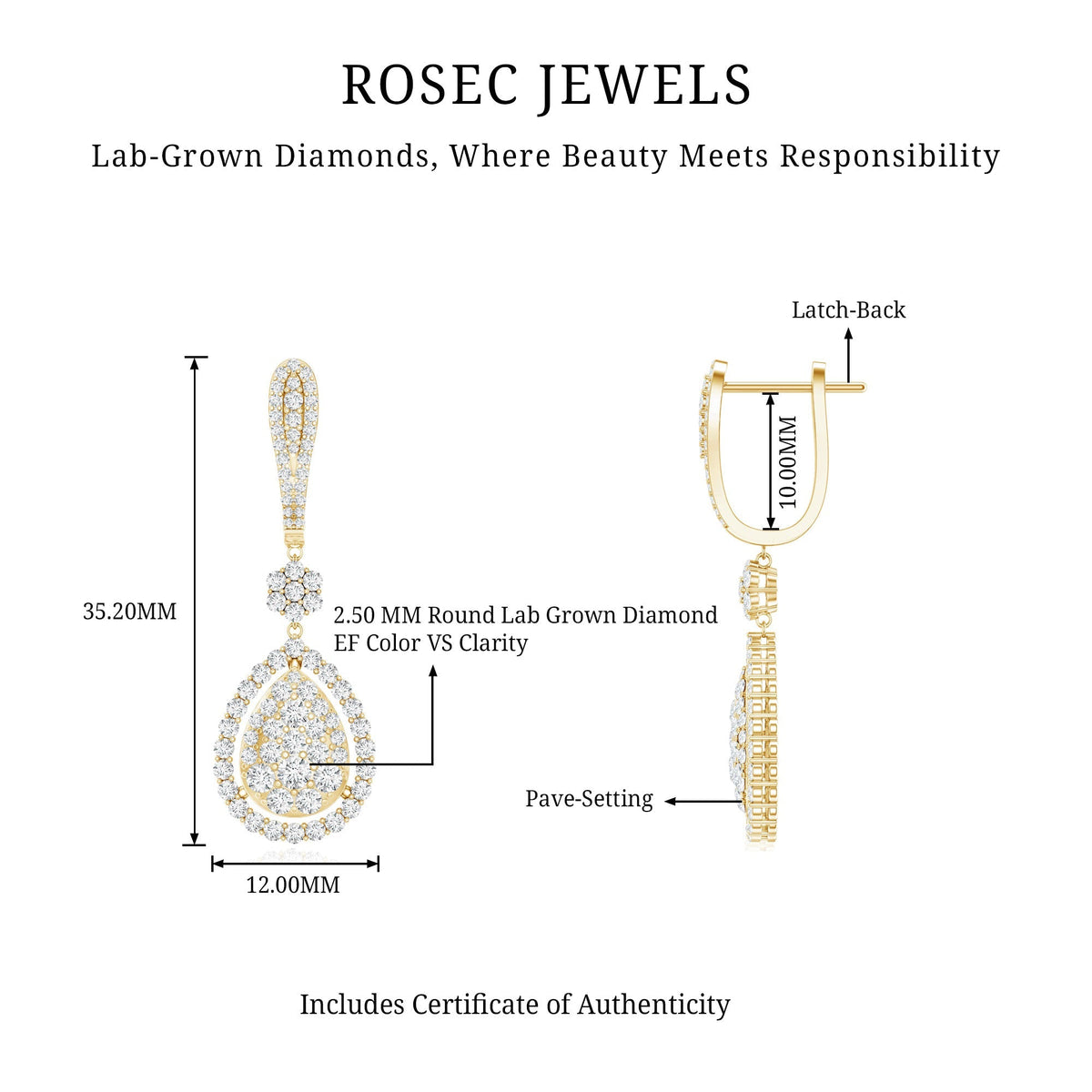 Lab Grown Diamond Earrings - Elegant Bridal Drop Earrings with Round Cut Diamonds