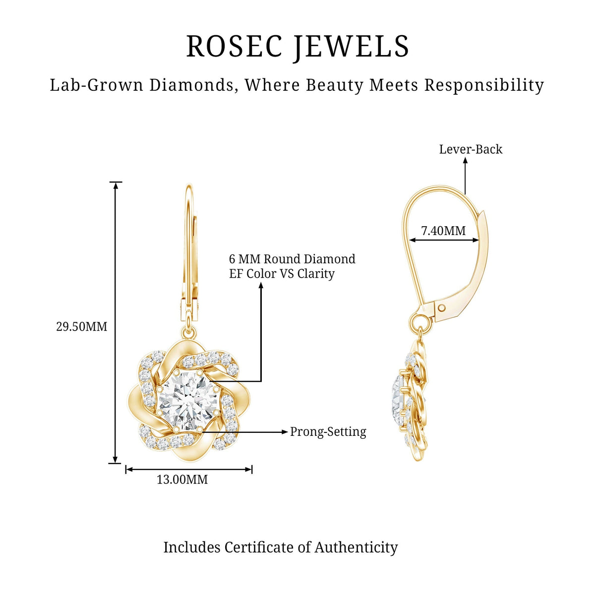 Lab Grown Diamond Earrings – Flower Hoop Dangle with 6mm Round Cut Diamonds