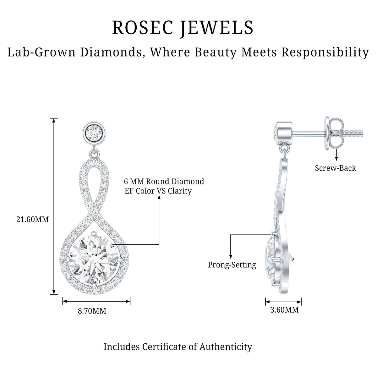 Lab Grown Diamond Earrings - Infinity Drop Dangle With Prong Set Diamonds