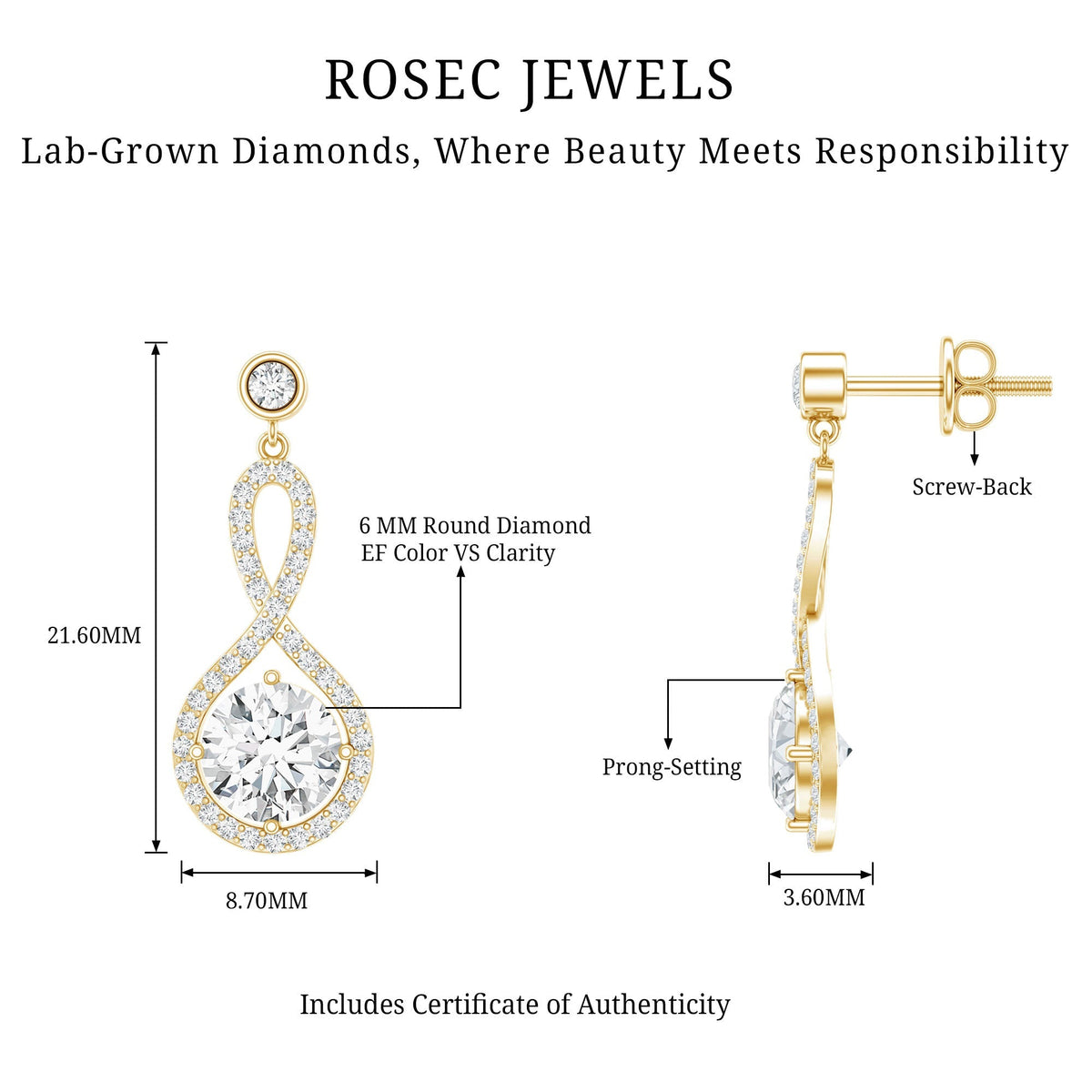 Lab Grown Diamond Earrings - Infinity Drop Dangle With Prong Set Diamonds