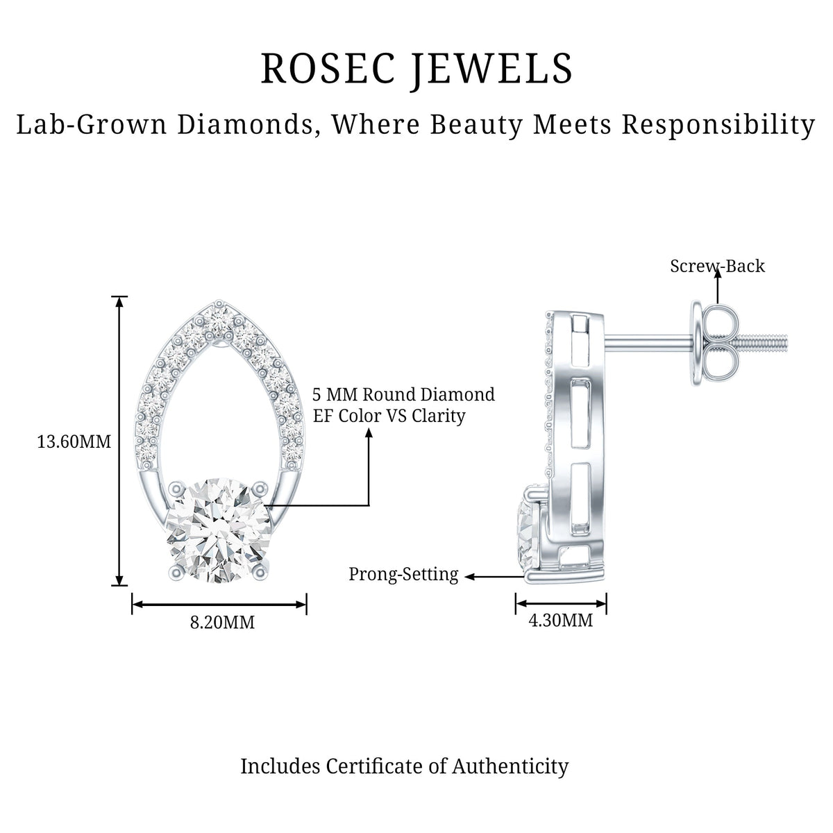 Lab Grown Diamond Earrings – Leaf Studs With Prong Setting | 0.9 Carat Eco Friendly