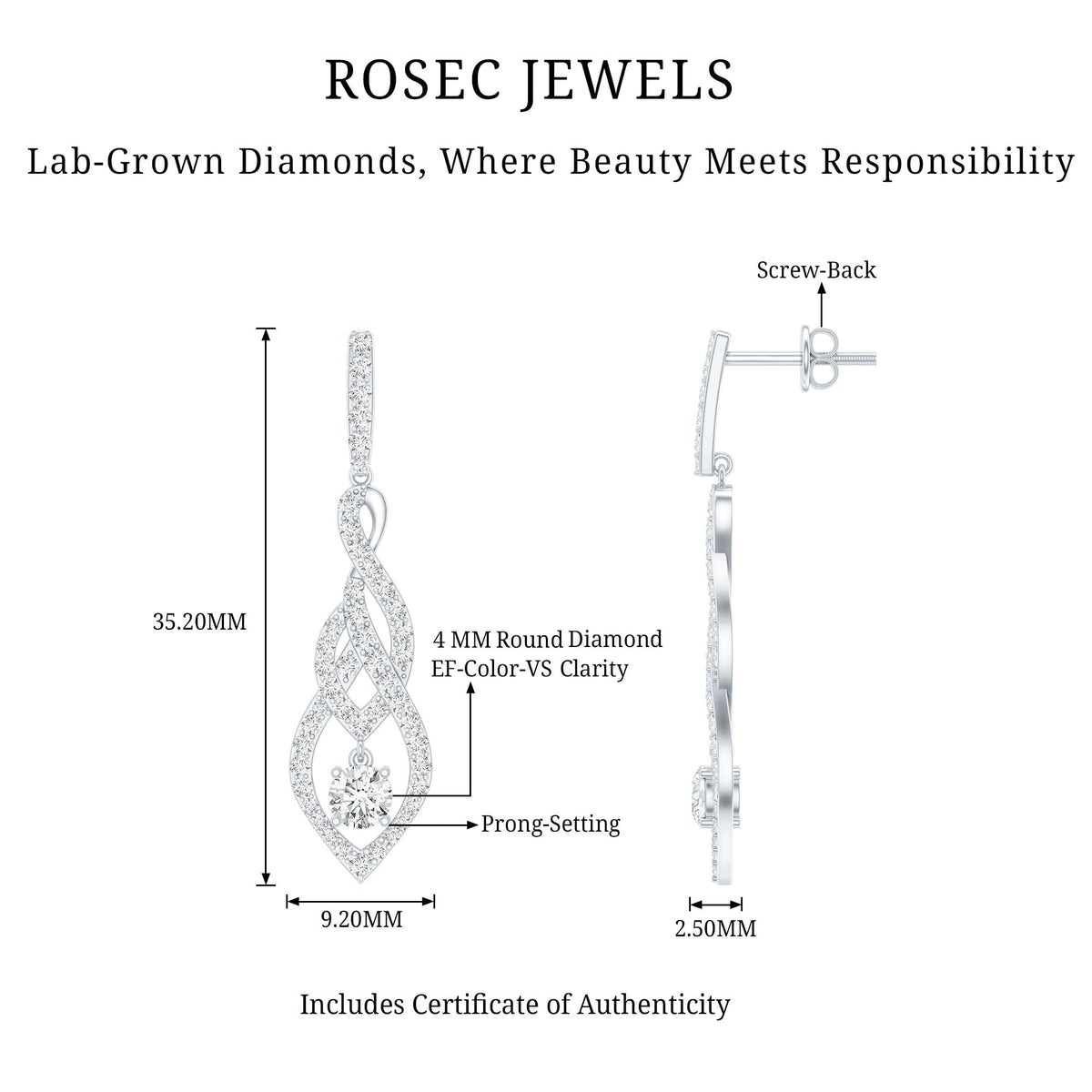 Lab Grown Diamond Earrings – Long Statement Dangle Bridal Jewelry with Prong Setting