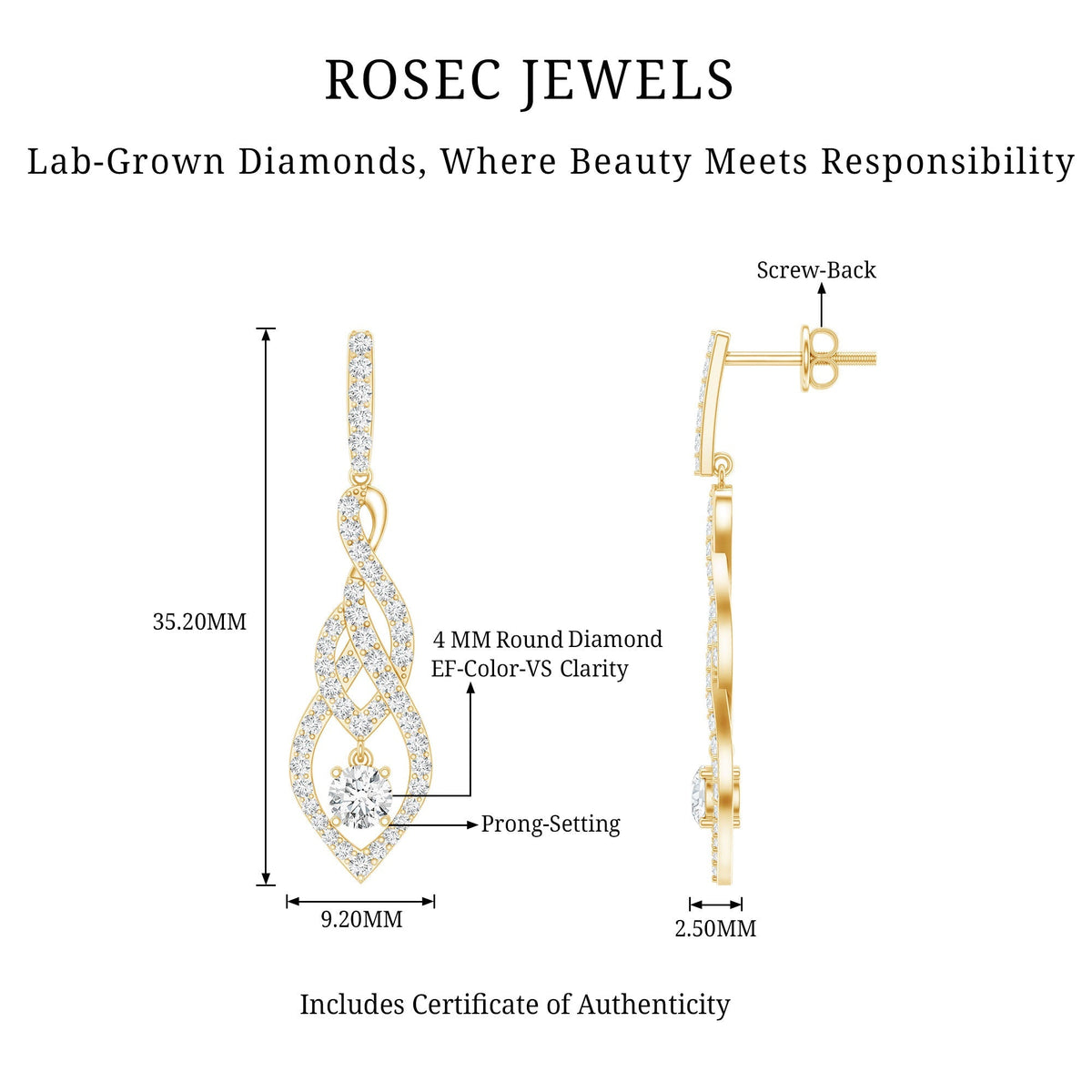 Lab Grown Diamond Earrings – Long Statement Dangle Bridal Jewelry with Prong Setting