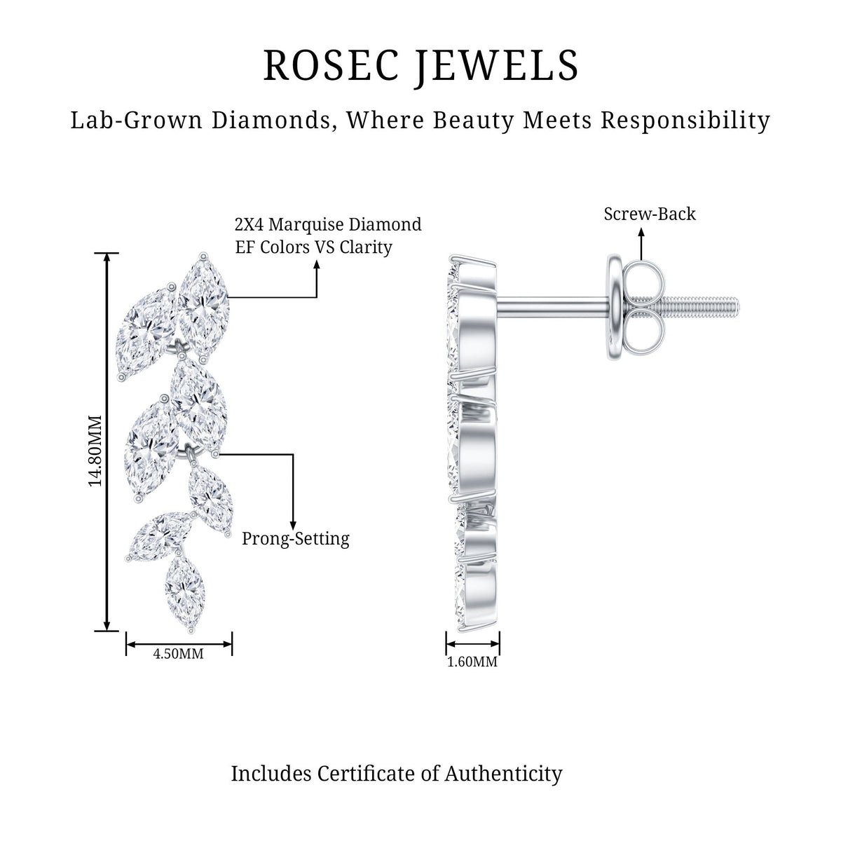 Lab Grown Diamond Earrings – Marquise Cut Leaf Dangle Prong Setting Jewelry
