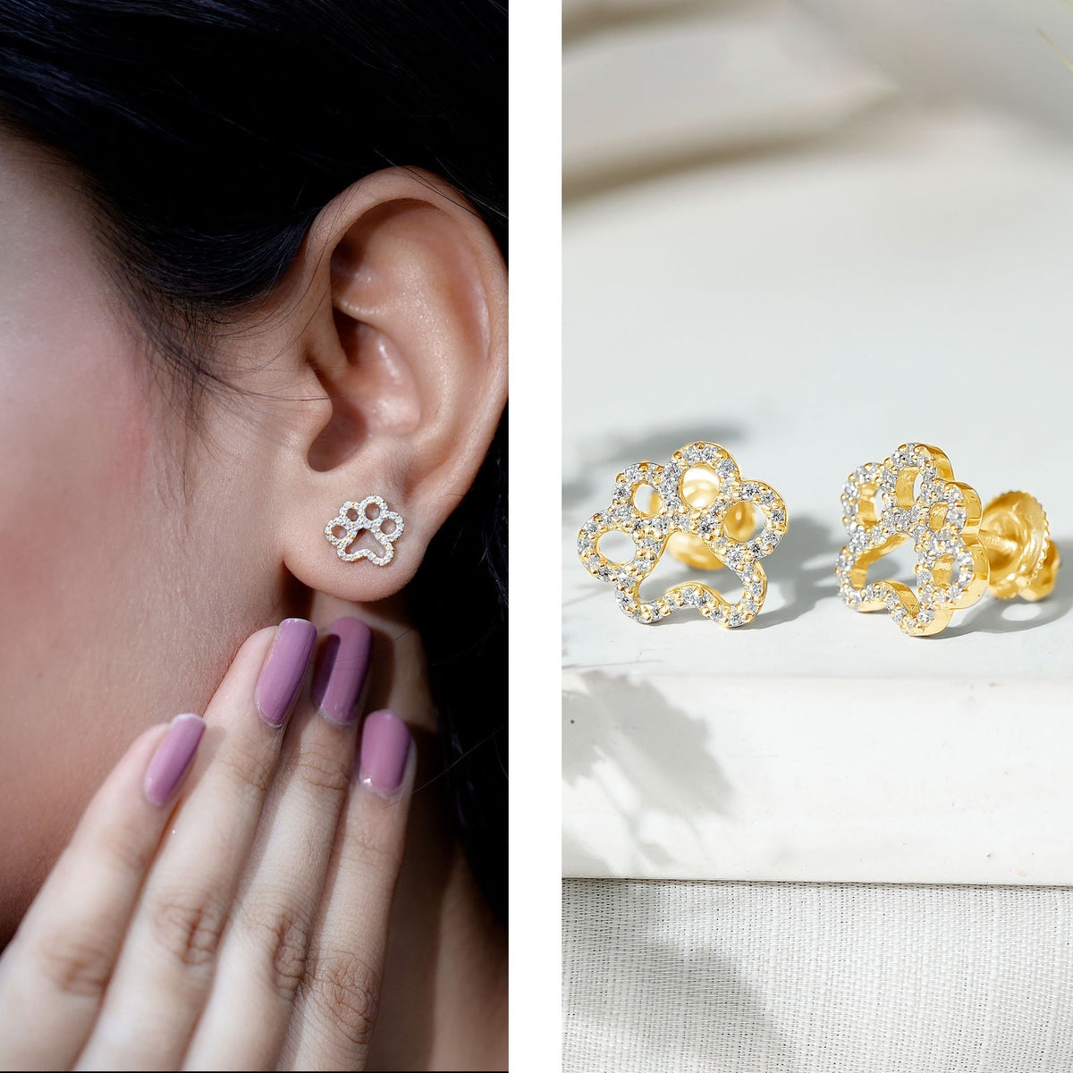 Lab Grown Diamond Earrings – Paw Print Studs With Prong Setting Design