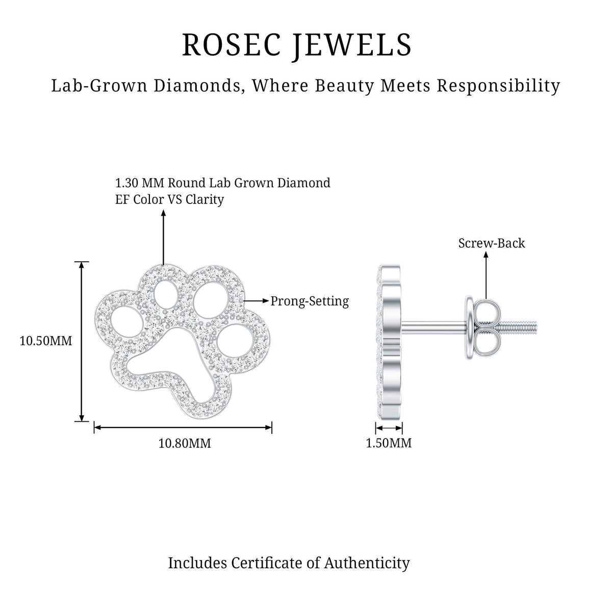 Lab Grown Diamond Earrings – Paw Print Studs With Prong Setting Design