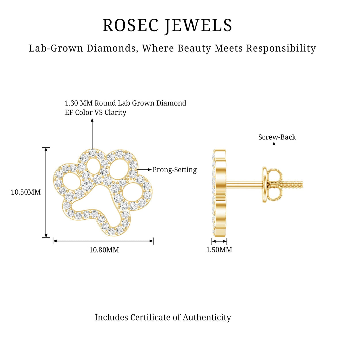 Lab Grown Diamond Earrings – Paw Print Studs With Prong Setting Design