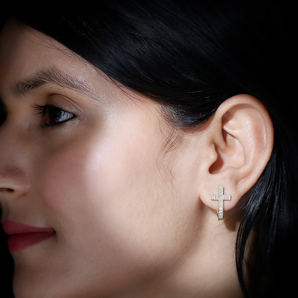Lab Grown Diamond Earrings – Religious Cross Hoop | Lightweight Screw Back Hoops