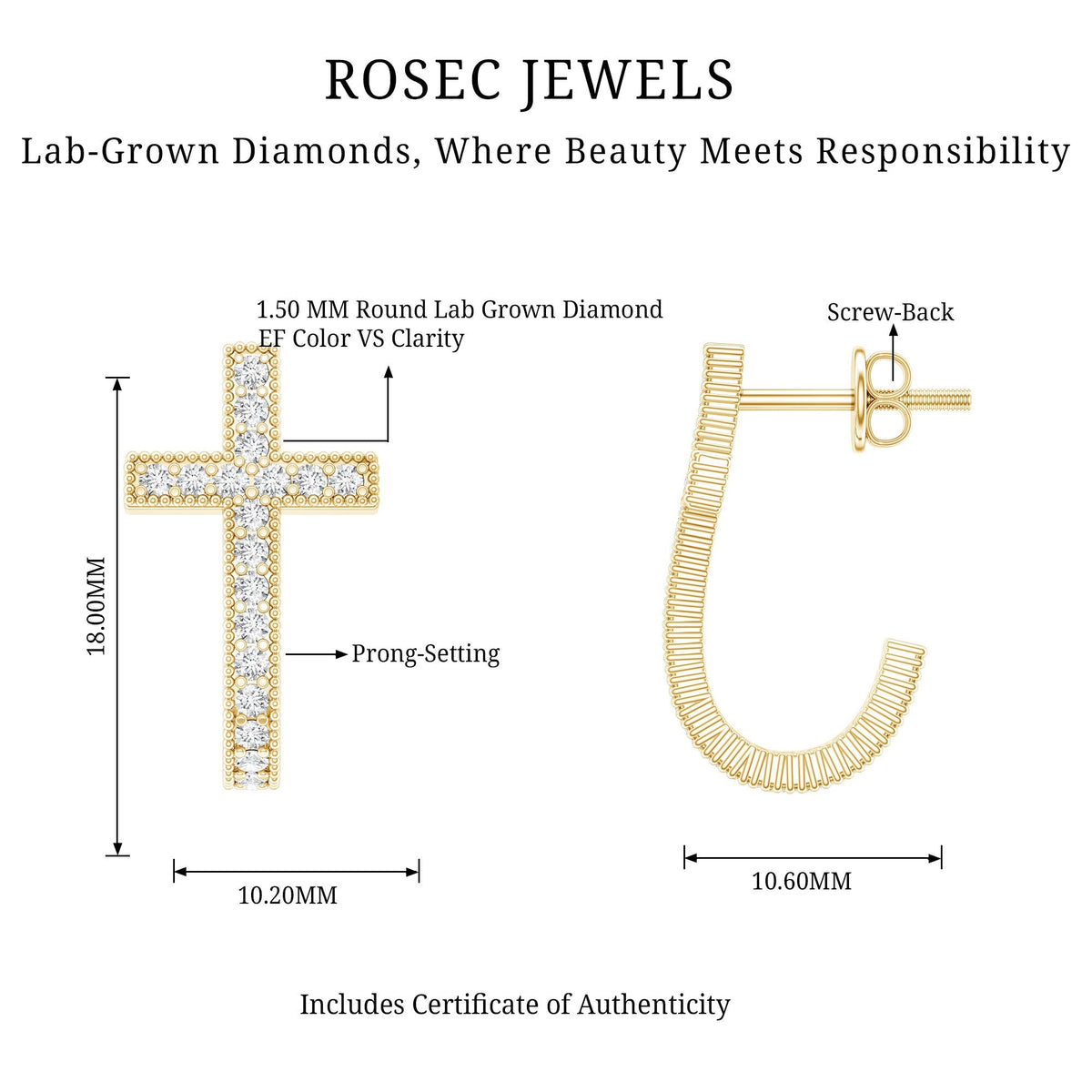 Lab Grown Diamond Earrings – Religious Cross Hoop | Lightweight Screw Back Hoops